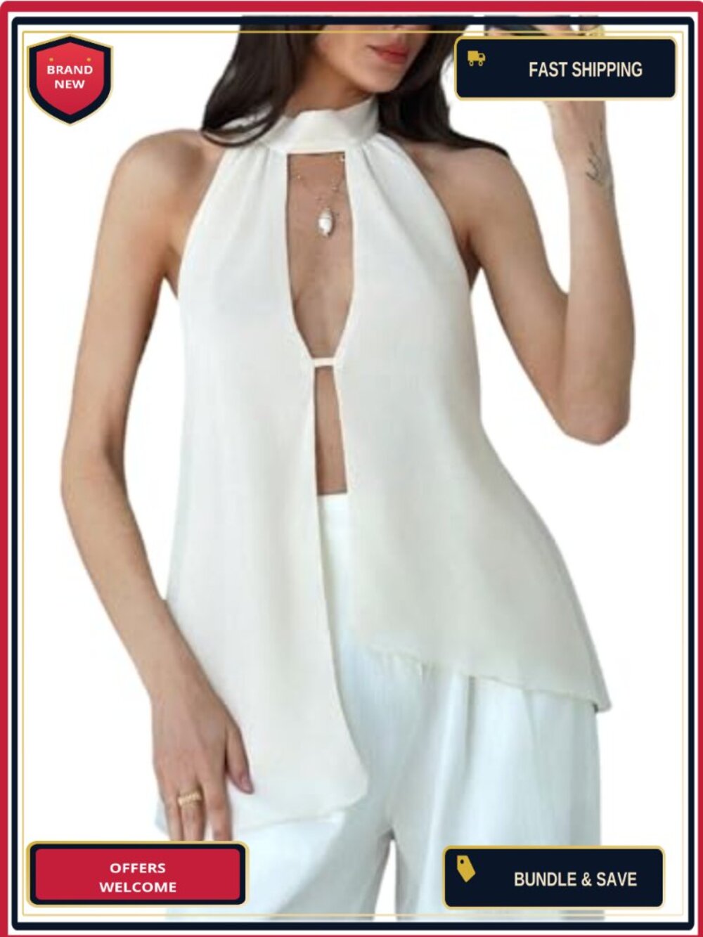 Womens Halter Top Backless Sleeveless Chiffon Split Party Top With Scarf